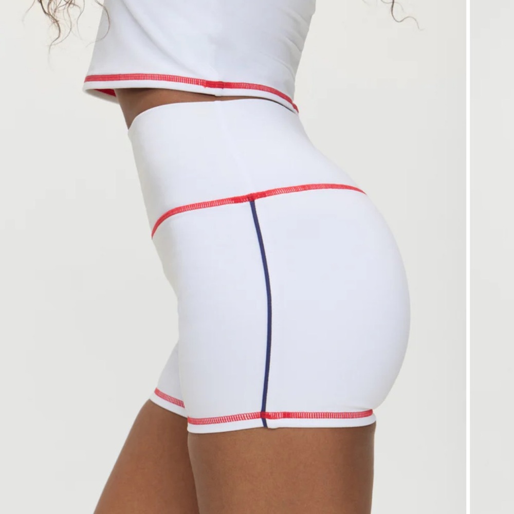 Frankie's Bikinis White Athletic High-Waist Biker Shorts with Red Trim